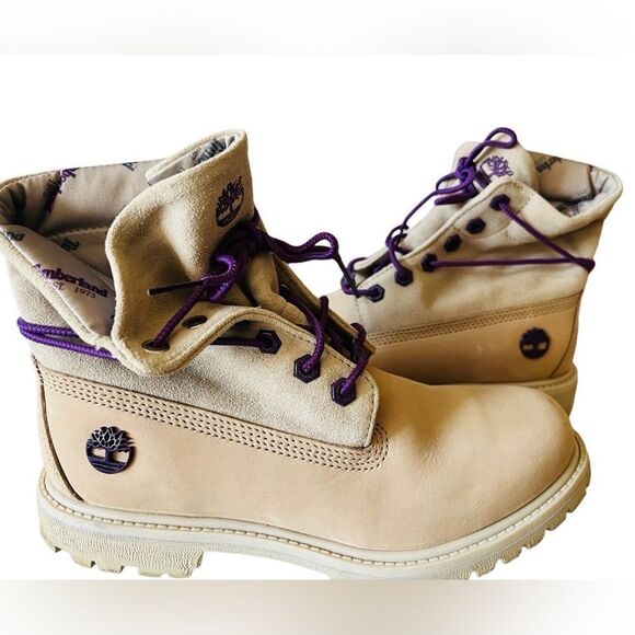 TIMBERLAND Womens Roll Top A21UK Beige Leather/Purple Lace Up Boots size 7. - Picture 6 of 10